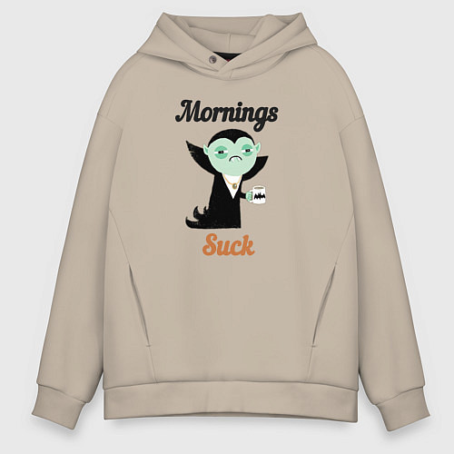 Мужское худи оверсайз Вампир с чашкой кофе / Миндальный – фото 1