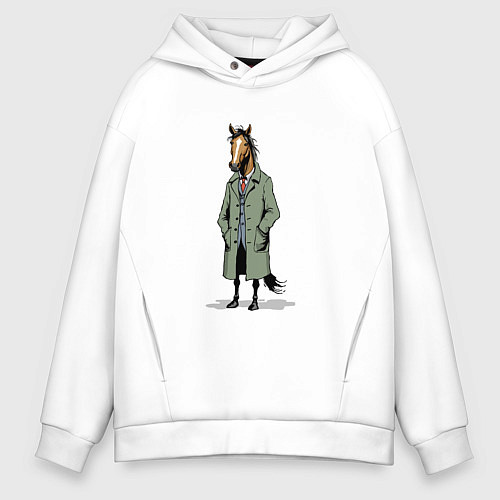 Мужское худи оверсайз Конь в зеленом пальто / Белый – фото 1