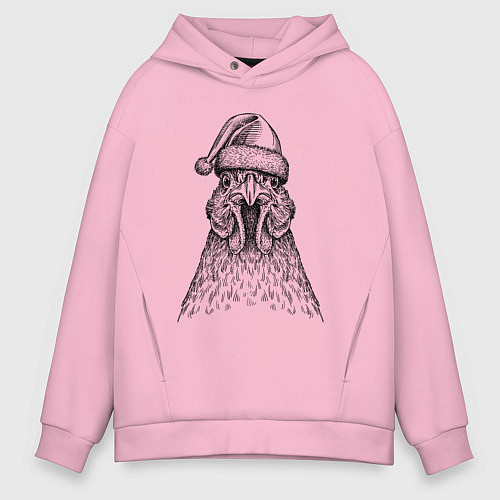Мужское худи оверсайз Петух в новогодней шапке / Светло-розовый – фото 1
