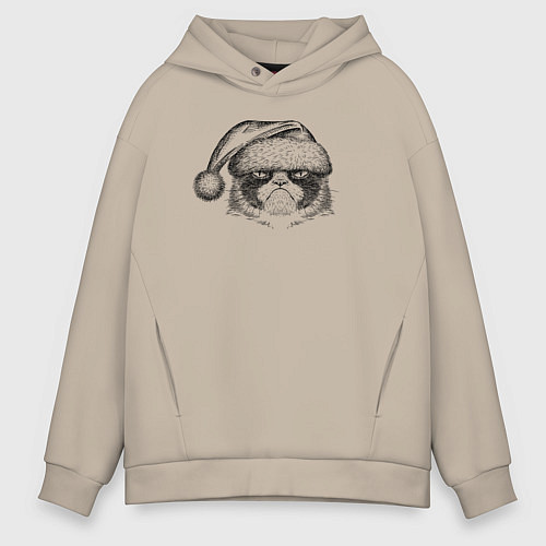 Мужское худи оверсайз Grumpy cat Santa / Миндальный – фото 1