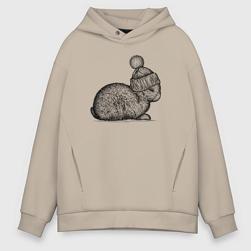 Мужское худи оверсайз Зайченок в шапке / Миндальный – фото 1