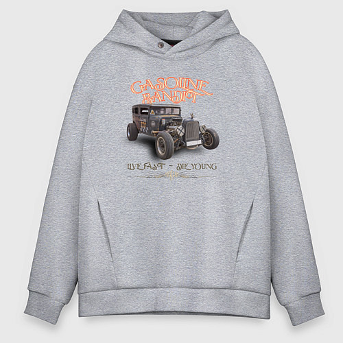 Мужское худи оверсайз Хот род и надпись живи быстро / Меланж – фото 1