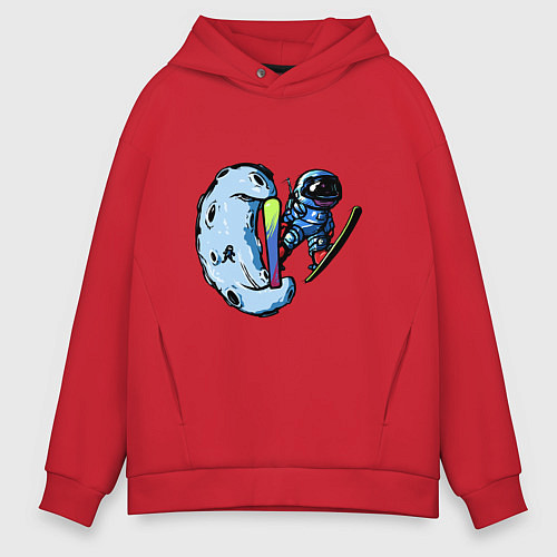 Мужское худи оверсайз Прыжок космонавта на лыжах с Месяца / Красный – фото 1