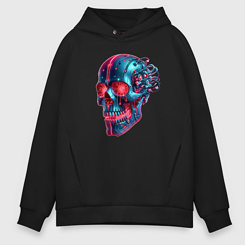 Мужское худи оверсайз Metal cyber skull - ai art / Черный – фото 1