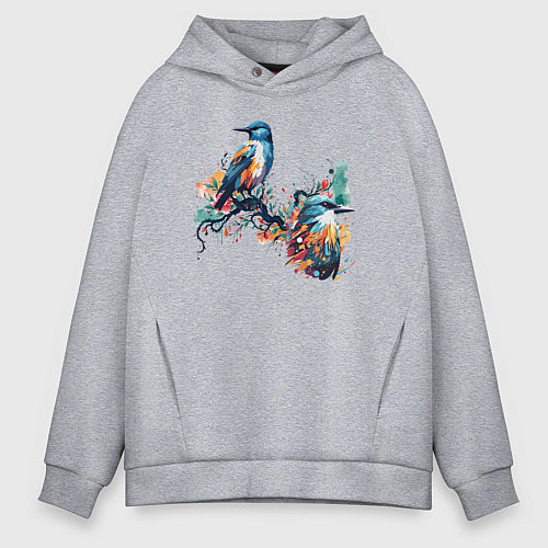 Мужское худи оверсайз Птицы на ветке дерева / Меланж – фото 1