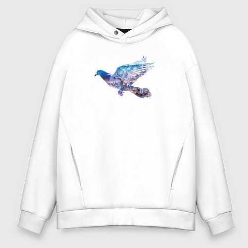 Мужское худи оверсайз Летящий голубь и ночной город с двойной экспозицие / Белый – фото 1