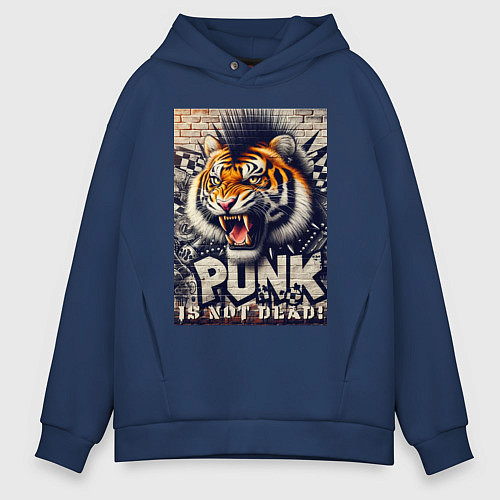 Мужское худи оверсайз Cool tiger - punks not dead / Тёмно-синий – фото 1