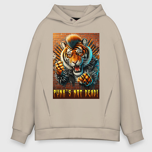 Мужское худи оверсайз Punks not dead - motto tiger / Миндальный – фото 1