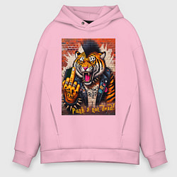 Толстовка оверсайз мужская Ferocious tiger - punks not dead motto, цвет: светло-розовый