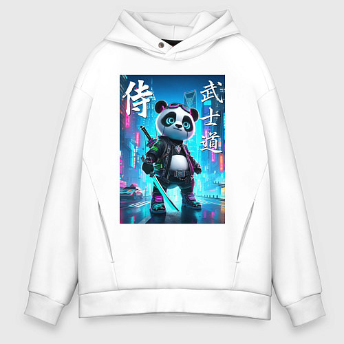 Мужское худи оверсайз Panda samurai - bushido ai art / Белый – фото 1