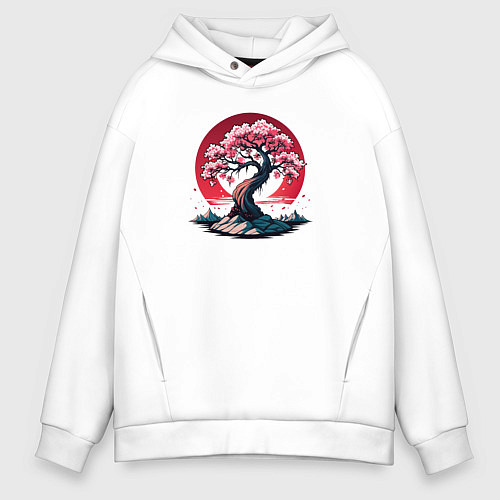 Мужское худи оверсайз Цветение сакуры на фоне восхода солнца / Белый – фото 1