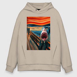 Толстовка оверсайз мужская Акула кричит - мем нейросеть, цвет: миндальный