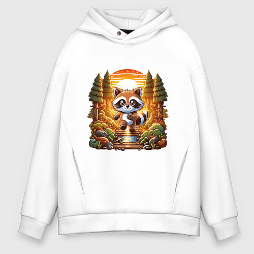 Мужское худи оверсайз Енот шагает по лесу / Белый – фото 1