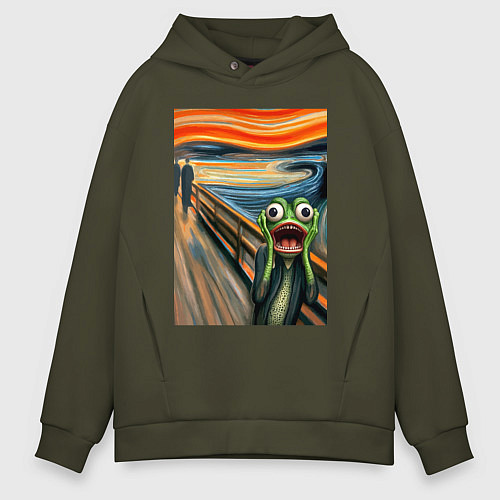 Мужское худи оверсайз Лягушка кричит - мем нейросеть / Хаки – фото 1