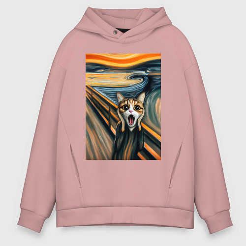 Мужское худи оверсайз Кошка кричит - мем нейросеть / Пыльно-розовый – фото 1