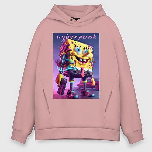 Мужское худи оверсайз Sponge Bob with a pistol - cyberpunk ai art / Пыльно-розовый – фото 1