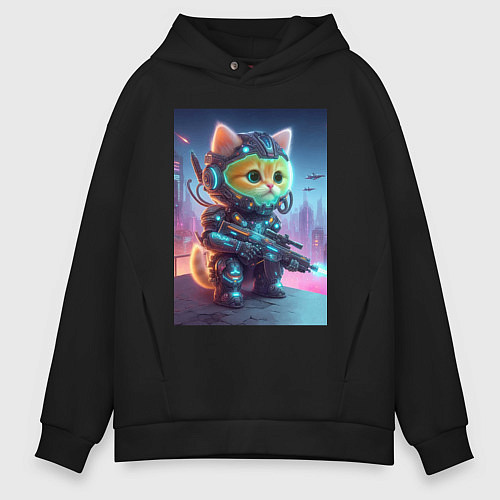 Мужское худи оверсайз Cool kitten - special cyberforces / Черный – фото 1