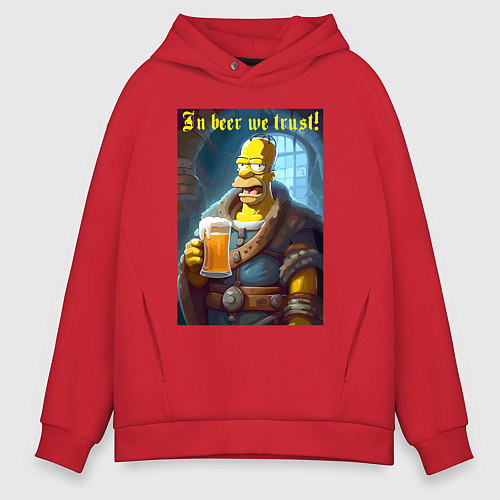 Мужское худи оверсайз In beer we trust - motto / Красный – фото 1