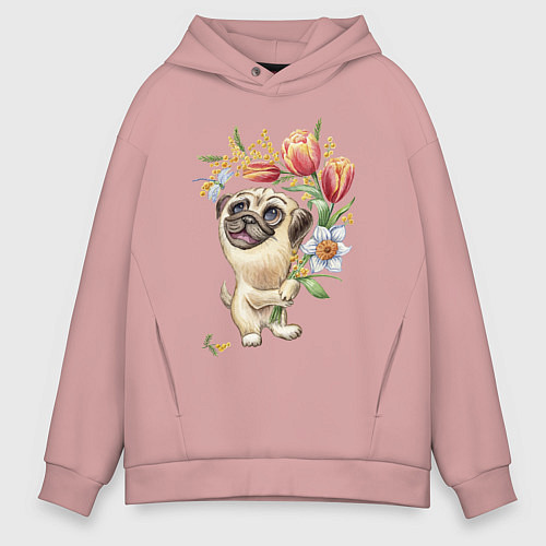 Мужское худи оверсайз Мопс с букетом / Пыльно-розовый – фото 1