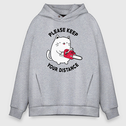 Мужское худи оверсайз Белый кот с пилой / Меланж – фото 1