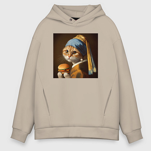 Мужское худи оверсайз Забавная кошка с бургером в лапах в стиле картины / Миндальный – фото 1