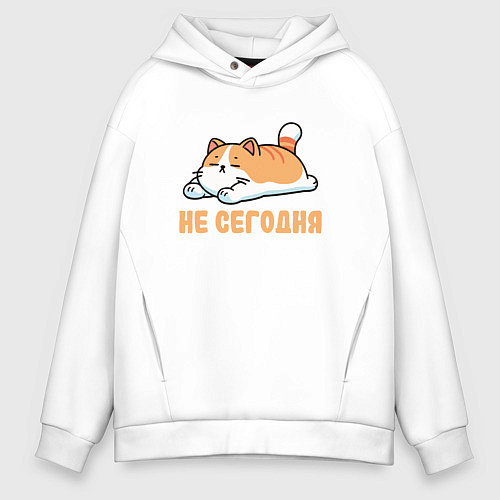 Мужское худи оверсайз Уставший милый котик лежит отдыхает не сегодня / Белый – фото 1