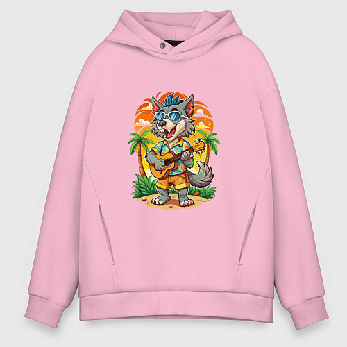 Мужское худи оверсайз Волк с гитарой и жаркое лето / Светло-розовый – фото 1