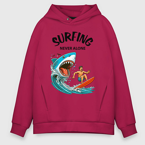 Мужское худи оверсайз Shark and surfer - never alone / Маджента – фото 1