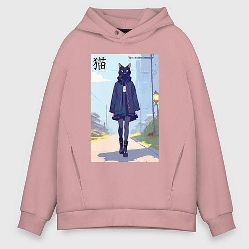 Мужское худи оверсайз Чёрная кошечка на своём районе - нейросеть / Пыльно-розовый – фото 1