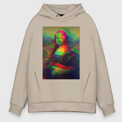Мужское худи оверсайз Мона Лиза с глюками / Миндальный – фото 1