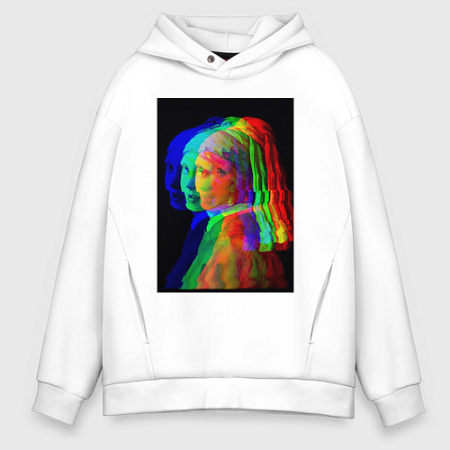 Мужское худи оверсайз Девушка с жемчужной серёжкой с глюками / Белый – фото 1
