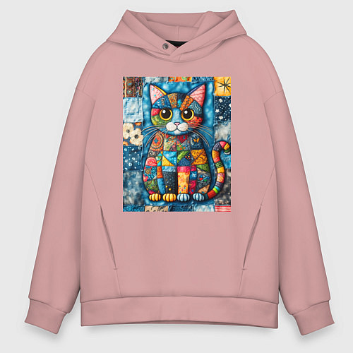 Мужское худи оверсайз Прикольный котик - пэчворк / Пыльно-розовый – фото 1