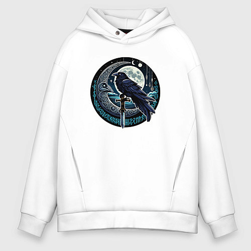 Мужское худи оверсайз Полнолуние ворон с мечом / Белый – фото 1