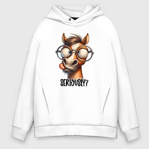 Мужское худи оверсайз Смешная лошадь - серьезно / Белый – фото 1
