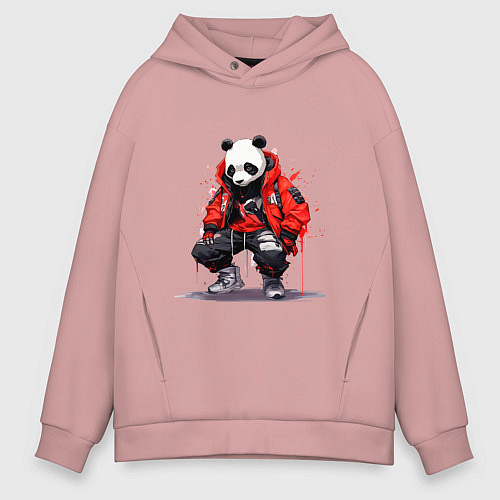 Мужское худи оверсайз Модная панда в красной куртке / Пыльно-розовый – фото 1