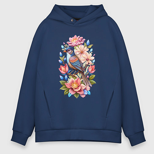 Мужское худи оверсайз Птица Калипта Анны среди цветов / Тёмно-синий – фото 1