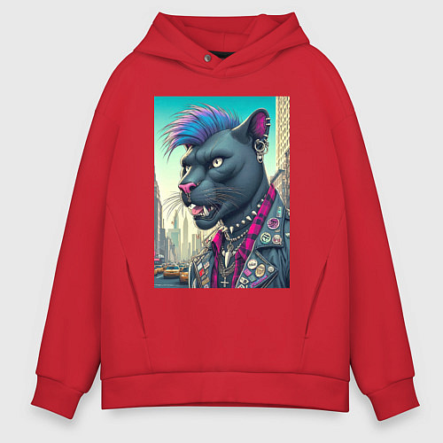 Мужское худи оверсайз Чувак пантера панк житель Нью-Йорка - нейросеть / Красный – фото 1