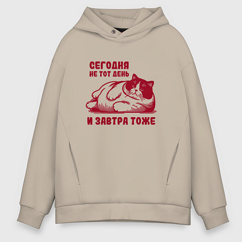 Мужское худи оверсайз Недовольный толстый котик сегодня не тот день / Миндальный – фото 1