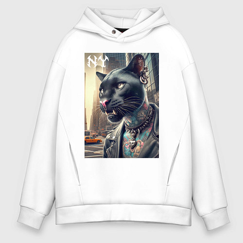 Мужское худи оверсайз Cool dude panther from New York - ai art / Белый – фото 1