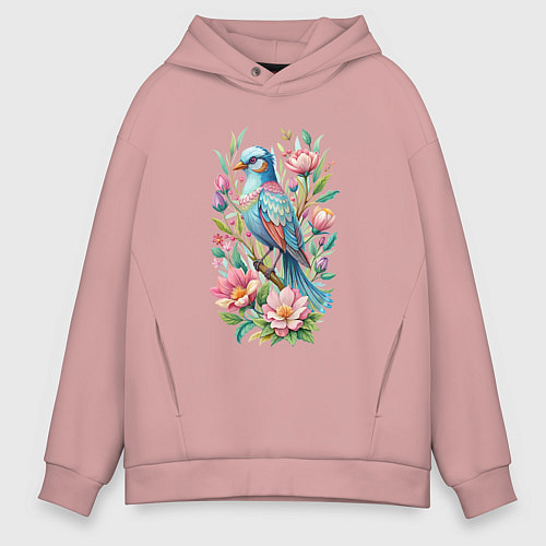 Мужское худи оверсайз Красивая голубая птица среди цветов / Пыльно-розовый – фото 1