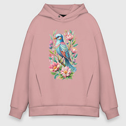 Толстовка оверсайз мужская Красивая голубая птица среди цветов, цвет: пыльно-розовый