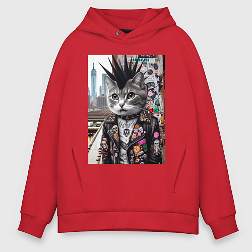 Мужское худи оверсайз Нью-Йоркский панк музыкант - нейросеть / Красный – фото 1