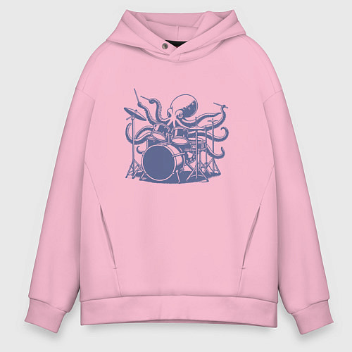 Мужское худи оверсайз Забавный осьминог барабанщик ретро винтаж / Светло-розовый – фото 1