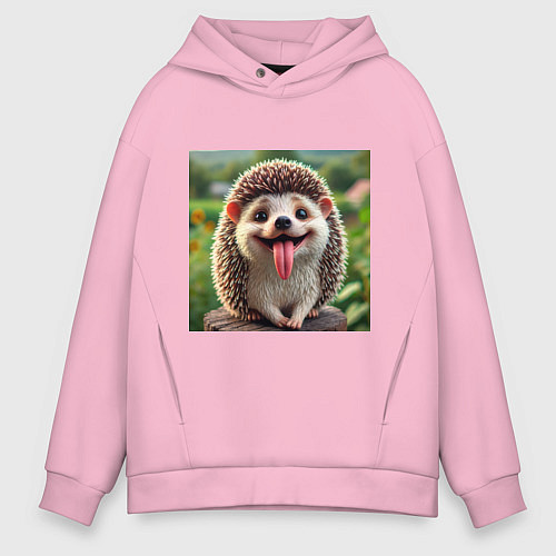 Мужское худи оверсайз Милый ежик с высунутым языком / Светло-розовый – фото 1