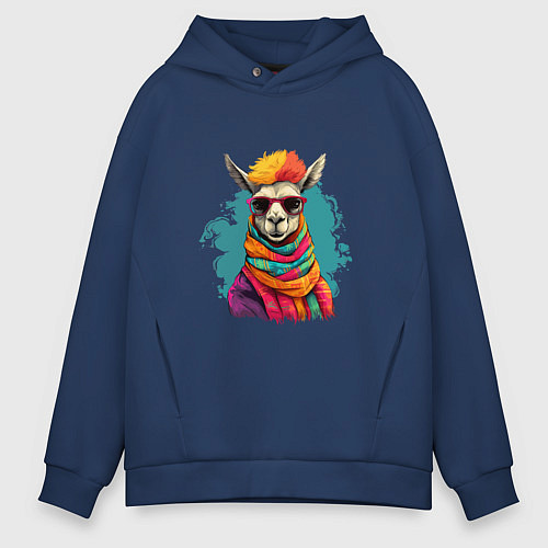 Мужское худи оверсайз Лама в разноцветном шарфе / Тёмно-синий – фото 1