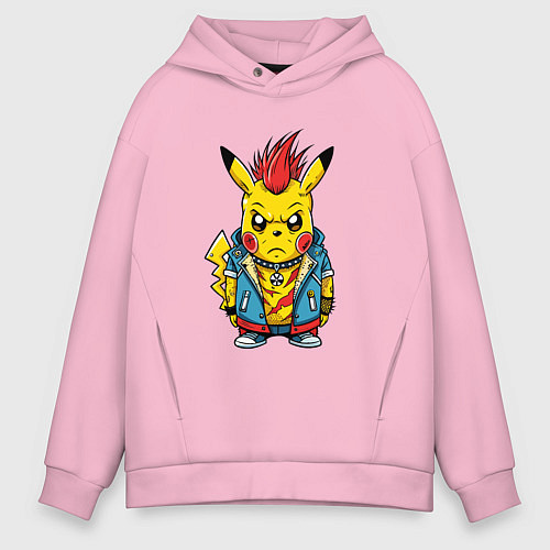 Мужское худи оверсайз Пикачу панк с красным ирокезом / Светло-розовый – фото 1
