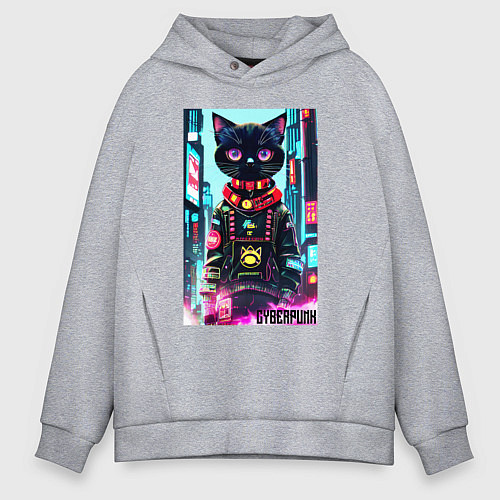 Мужское худи оверсайз Котёнок в мегаполисе - киберпанк / Меланж – фото 1