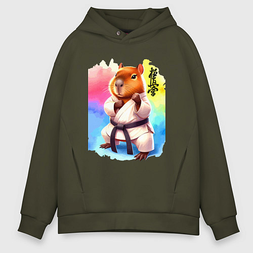 Мужское худи оверсайз Кёкусинкай карате - капибара / Хаки – фото 1