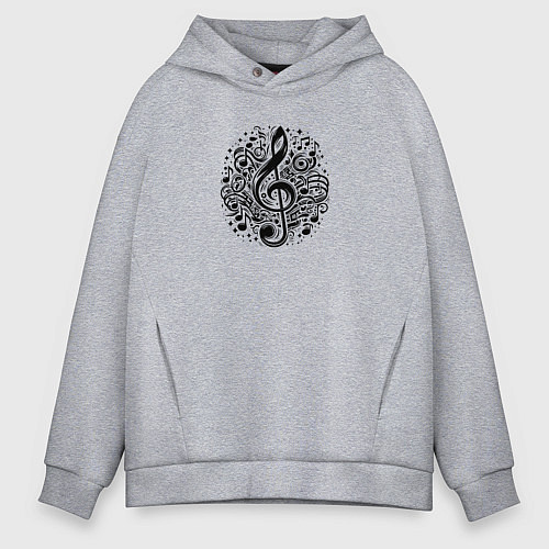 Мужское худи оверсайз Декоративная татуировка с нотами / Меланж – фото 1