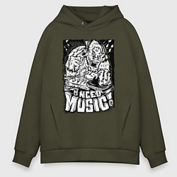 Толстовка оверсайз мужская Мне нужна музыка, цвет: хаки